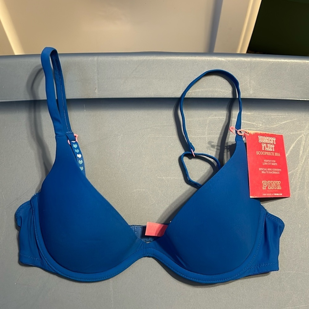 NWT PINK Victoria’s Secret Vintage Blue Biggest Flirt Scoopneck Bra 34A